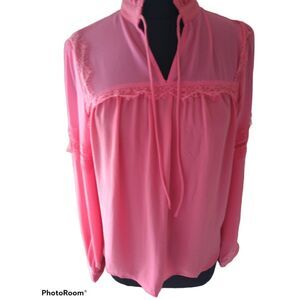 Strut & Bolt Coral Pink Eyelash Lace Ruffle Collar Long Sleeve Blouse Small